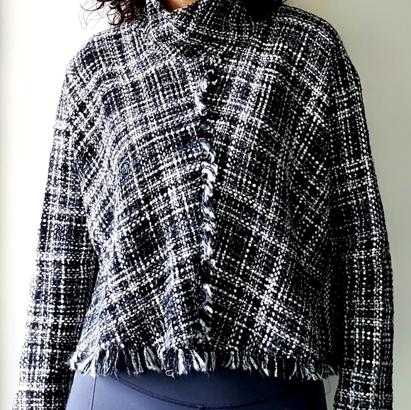 Zara Woman Tweed Turtleneck Cape Poncho Pullover Black and White - Picture 5 of 5